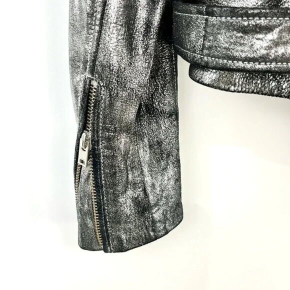 IRO Brooklyn Silver Metallic Leather Moto Jacket - Picture 6 of 10